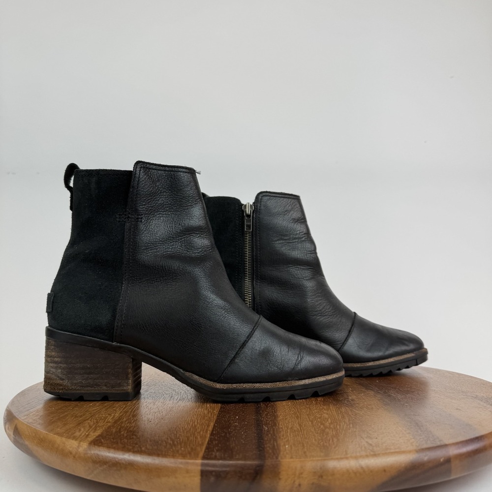 Womens Sorel Cate Lug Sole Black Leather Waterproof Ankle Boots Booties Size 8.5
